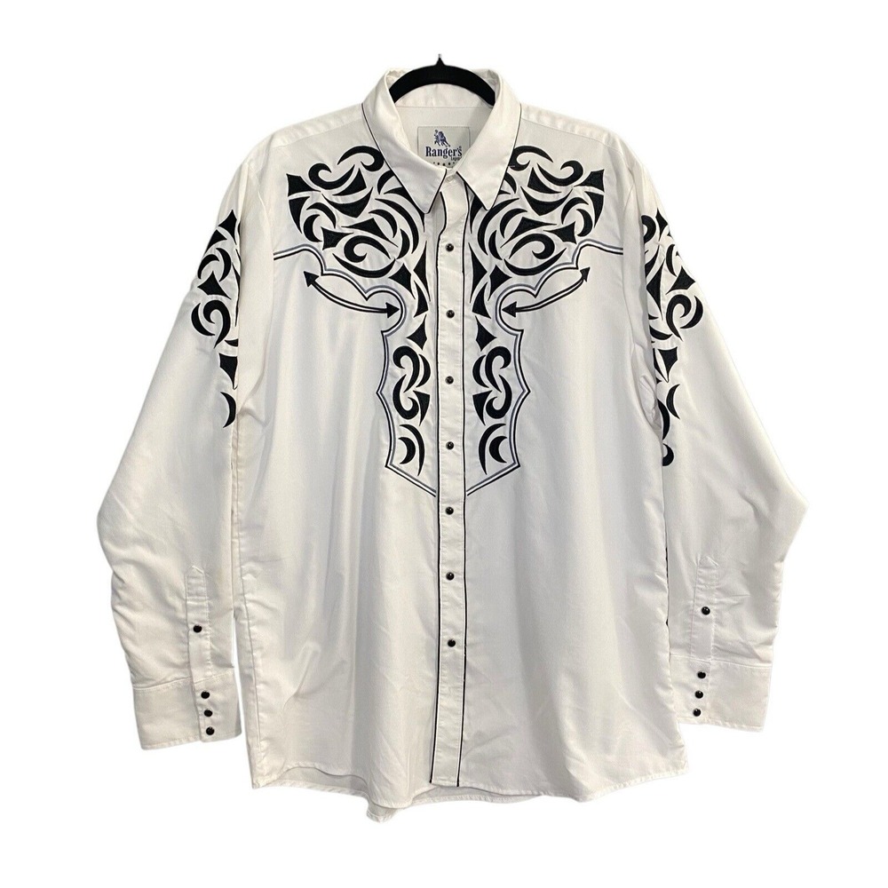 Vtg Rangers Legend Men Western Snap Front Shirt Sz XXL White Black Cowboy 6-28